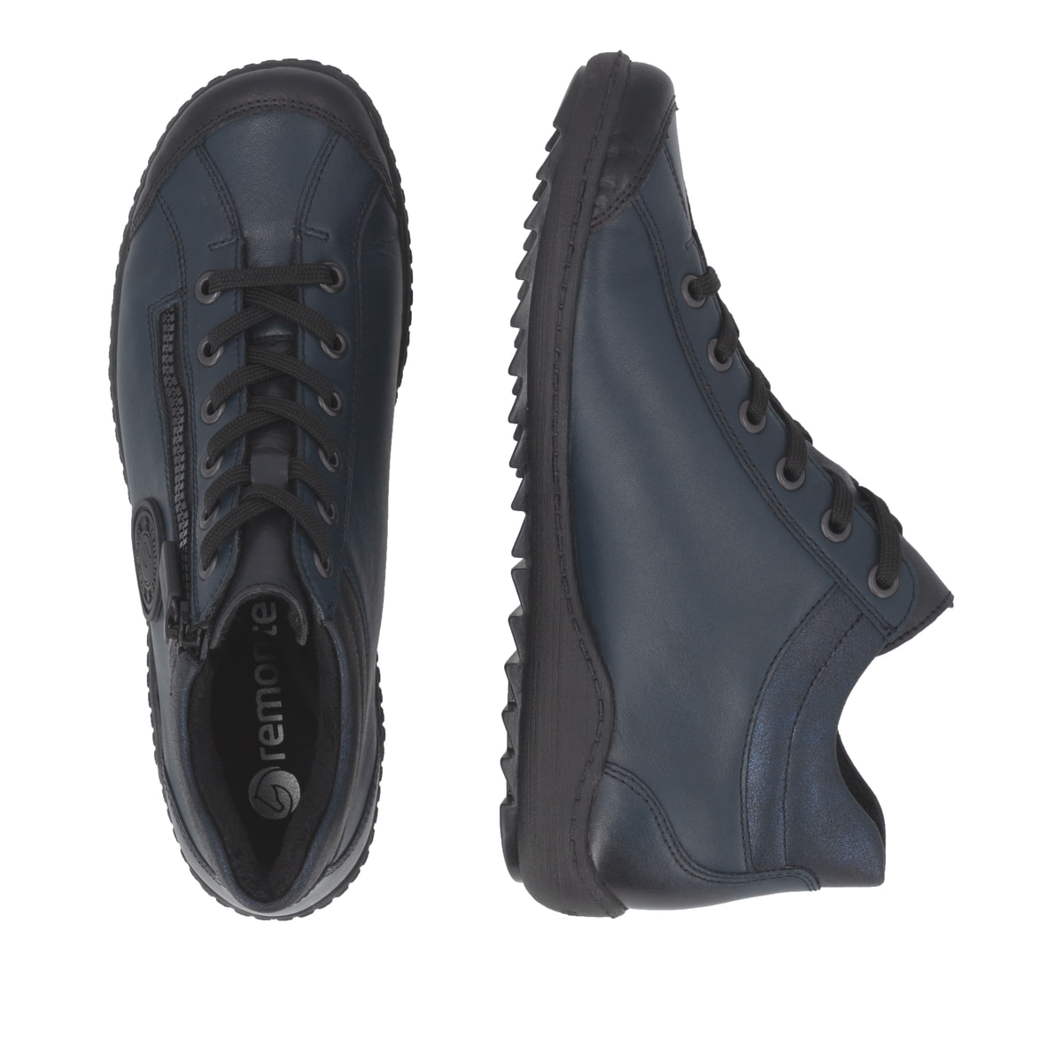 Dunkelblaue remonte Damen Schnürstiefel R1477-15 mit einem Reißverschluss. Schuh von oben, liegend.
