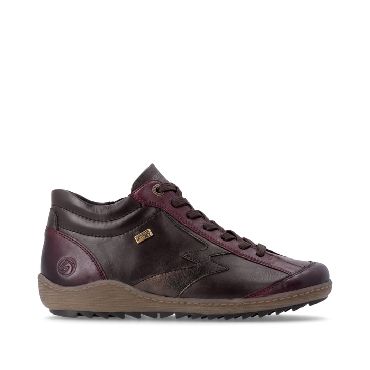 Bordeaux-dunkelbraune remonte Damen Schnürstiefel R1454-27. Schuh Außenseite gespiegelt.