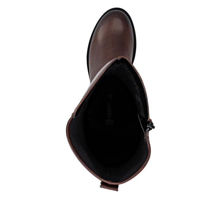 Dunkelbraune remonte Hochschaftstiefel D2W77-25 mit einem Reißverschluss. Schuh von oben.