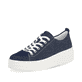 Blaue remonte Damen Sneaker D1C03-14 mit Schnürung sowie Ziernähten. Schuh seitlich schräg.