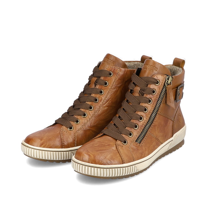 Espressobraune remonte Damen Schnürschuhe D0777-22 mit Schnürung und Reißverschluss. Schuhpaar schräg.