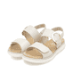 Beige remonte Keilsandaletten D2K50-80 mit einem Klettverschluss. Schuhpaar seitlich schräg.