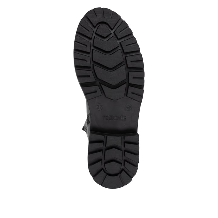 Schwarze remonte Hochschaftstiefel D0B72-01 mit wasserabweisender TEX-Membran. Schuh Laufsohle.