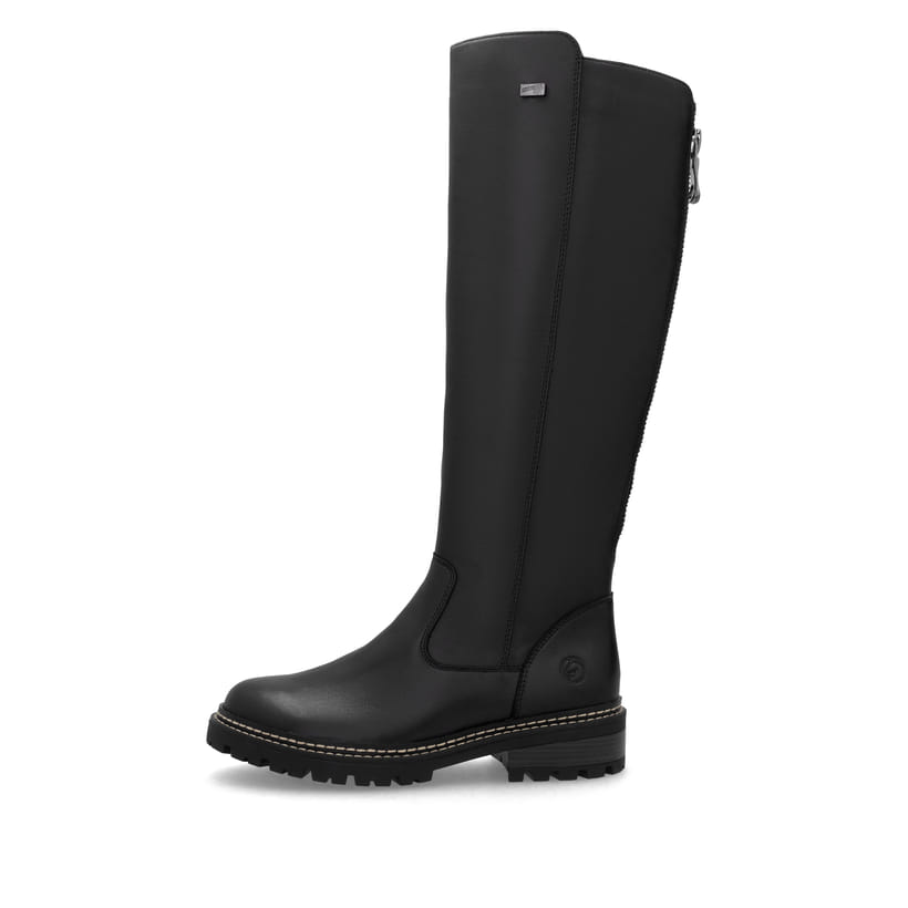Asphaltschwarze remonte Damen Hochschaftstiefel D0B72-01 mit einer Profilsohle. Schuh Außenseite