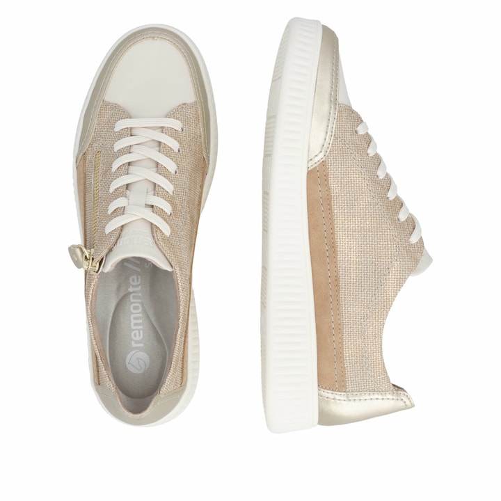 Beige vegane remonte Damen Sneaker D2E06-60 mit einem Reißverschluss. Schuh von oben, liegend.