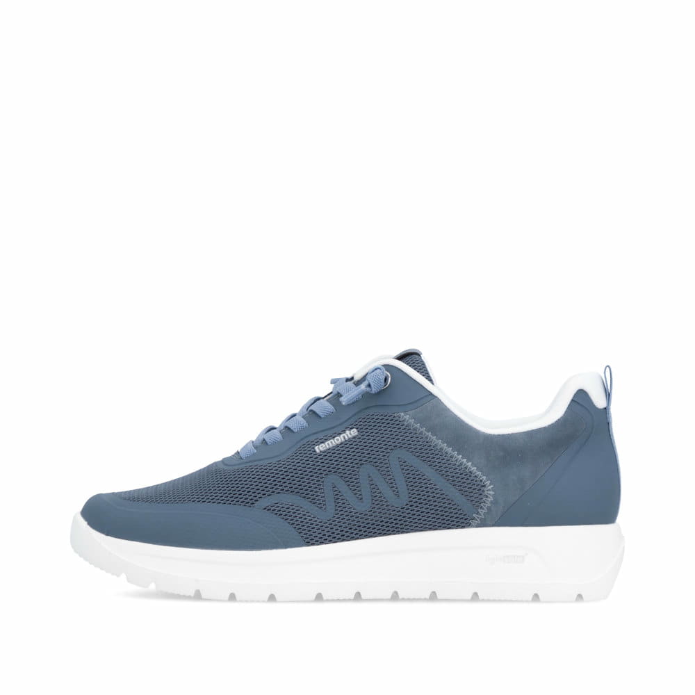 Mocassins remonte bleus pour femme D2V04-12 avec bande élastique. Côté extérieur de la chaussure.