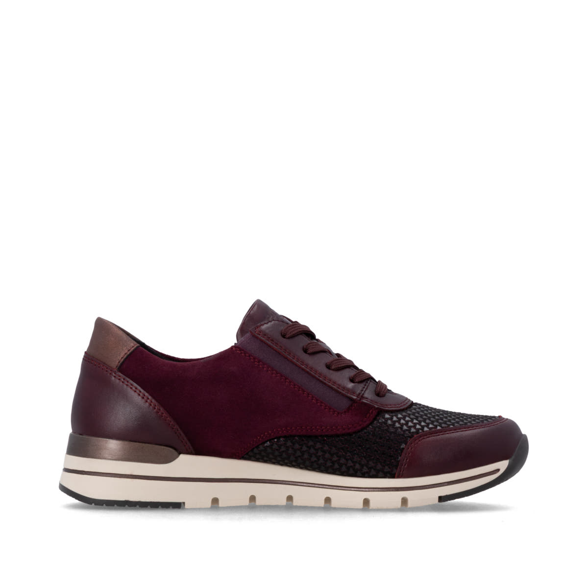 Weinrote remonte Damen Sneaker R6714-30 mit Reißverschluss sowie Komfortweite G. Schuh Innenseite.