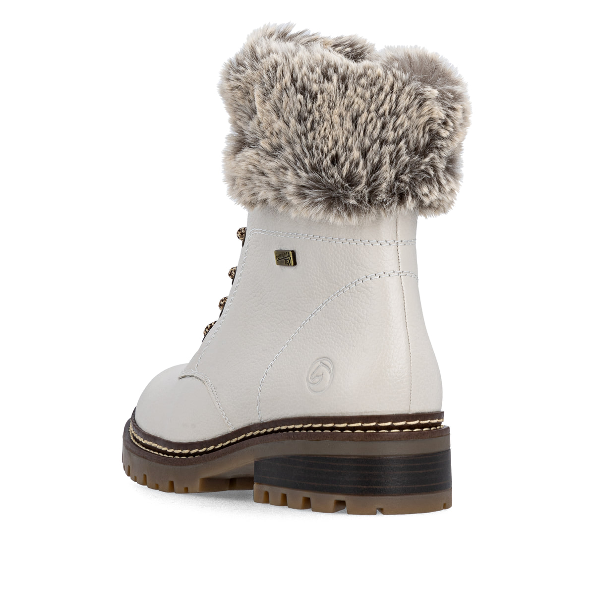 Weiße remonte Damen Schnürstiefel D0B74-80 mit wasserabweisender TEX-Membran. Schuh von hinten.