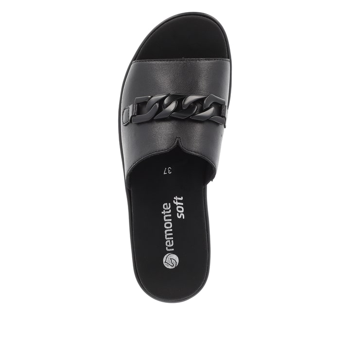Mitternachtsschwarze remonte Damen Pantoletten D1N51-00 mit stylischer Kette. Schuh von oben.