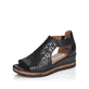 
Asphaltschwarze remonte Damen Keilsandaletten D3056-01 mit einer dämpfenden Sohle. Schuh seitlich schräg