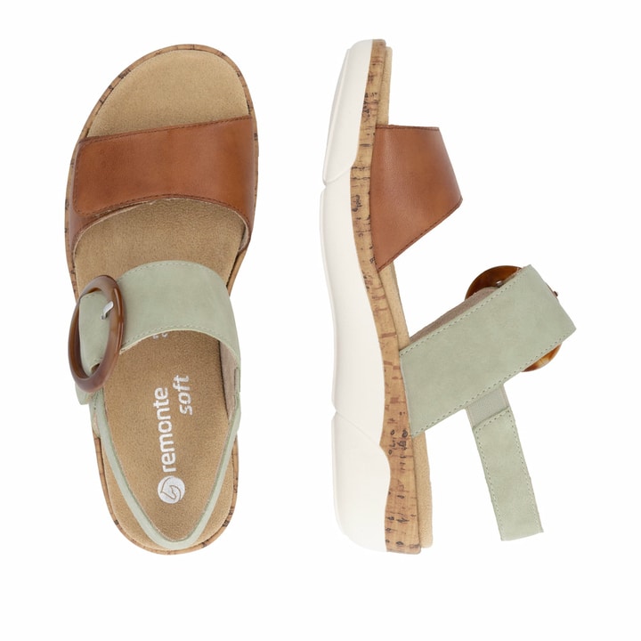 Braungrüne remonte Riemchensandalen R6853-24 mit trendiger Schnalle. Schuh von oben, liegend.