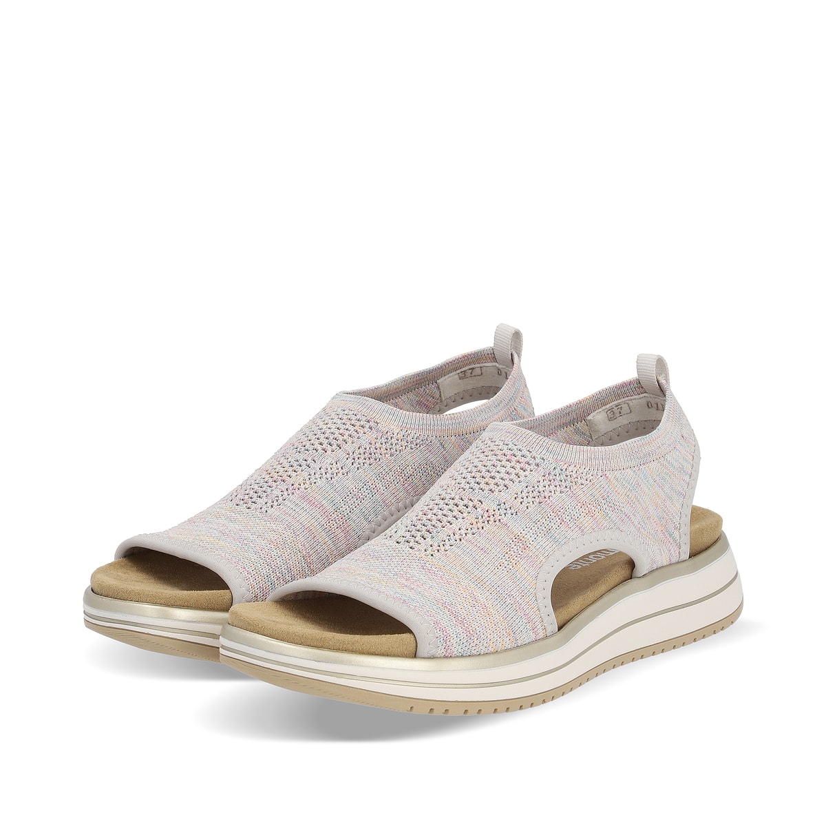 Mehrfarbige remonte Damen Riemchensandalen D1J52-90 mit Elastikeinsatz. Schuhpaar seitlich schräg.