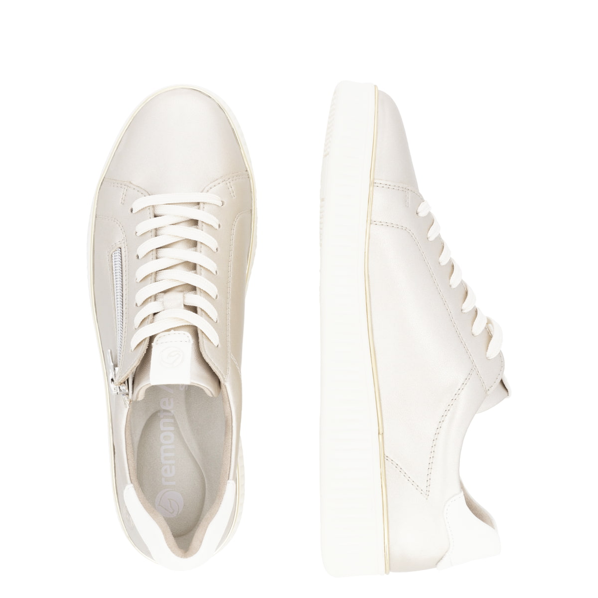 Goldene remonte Damen Sneaker Low D2E01-90 mit einem Reißverschluss. Schuh von oben, liegend.