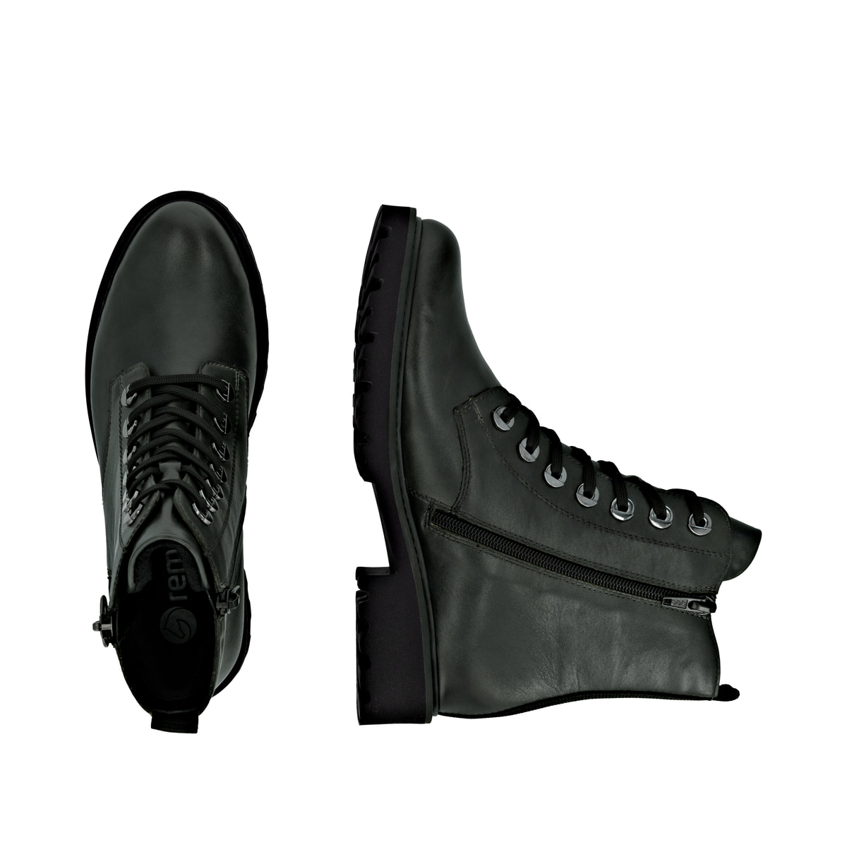 Dunkelgrüne remonte Damen Schnürstiefel D8671-56 mit einem Reißverschluss. Schuh von oben, liegend.