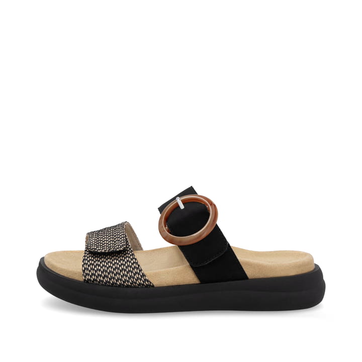 Schwarze remonte Damen Pantoletten D2N51-03 mit einem Klettverschluss. Schuh Außenseite.