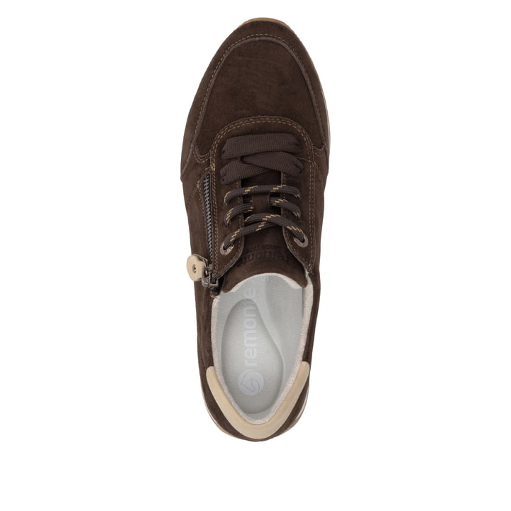 Dunkelbraun-beige remonte Damen Sneaker D0H19-25 mit einem Reißverschluss. Schuh von oben.