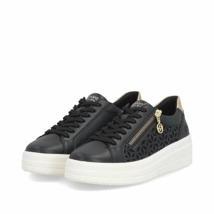 Baskets basses remonte noires pour femme D1C11-03 avec fermeture éclair. Chaussures inclinées sur le côté.
