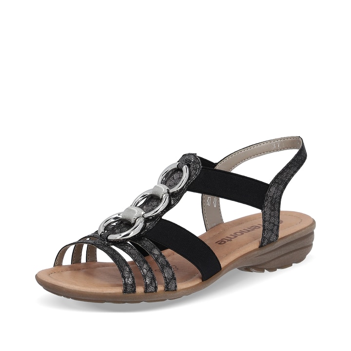 Nachtschwarze remonte Damen Riemchensandalen R3605-02 mit Elastikeinsatz. Schuh seitlich schräg.