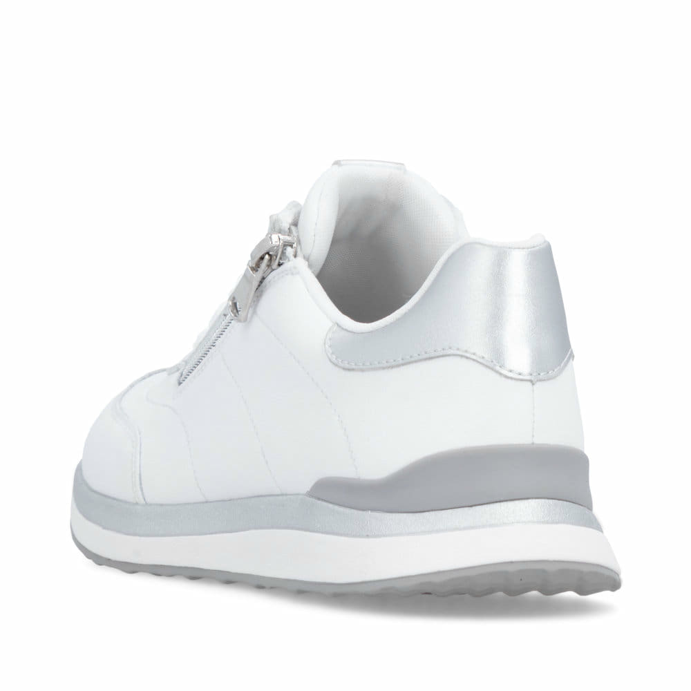 Weiße remonte Damen Sneaker Low D3F00-80 mit Reißverschluss sowie Extraweite H. Schuh von hinten.