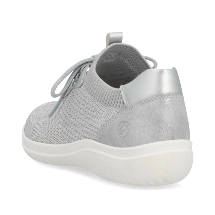 Graue remonte Damen Slipper D1E05-40 mit einem Gummizug sowie der Komfortweite G. Schuh von hinten.