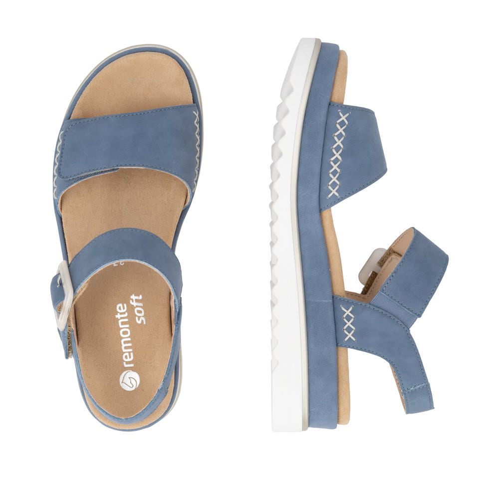 Blaue remonte Riemchensandalen D3P53-14 mit trendiger Schnalle. Schuh von oben, liegend.