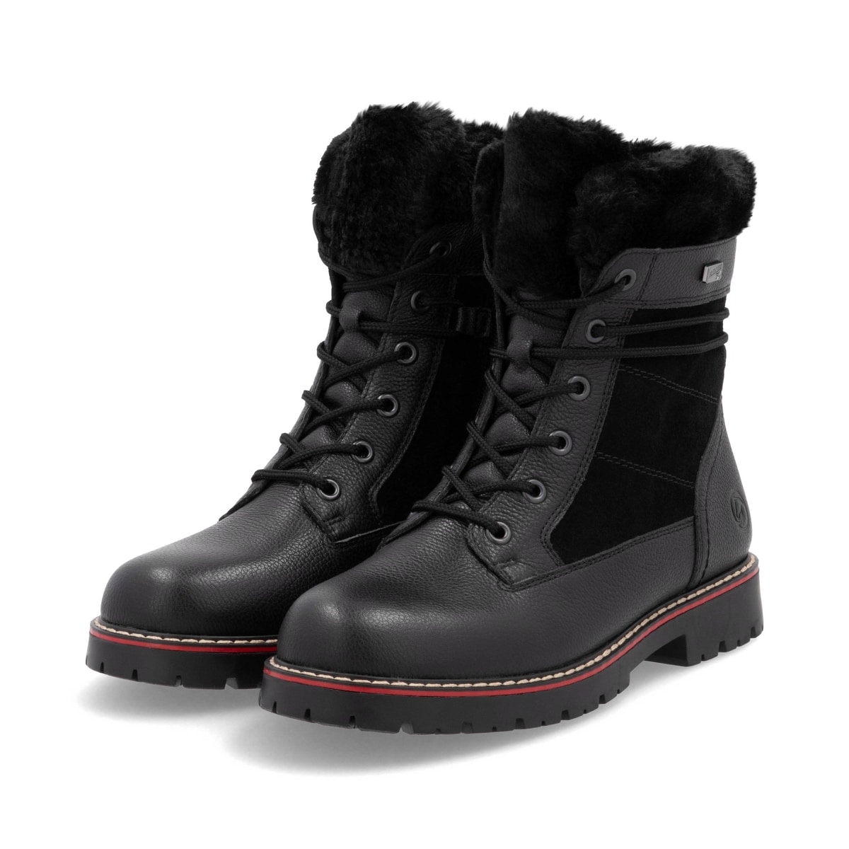 Nachtschwarze remonte Damen Schnürstiefel D9381-00 mit Flip-Grip Sohle. Schuhpaar seitlich schräg.