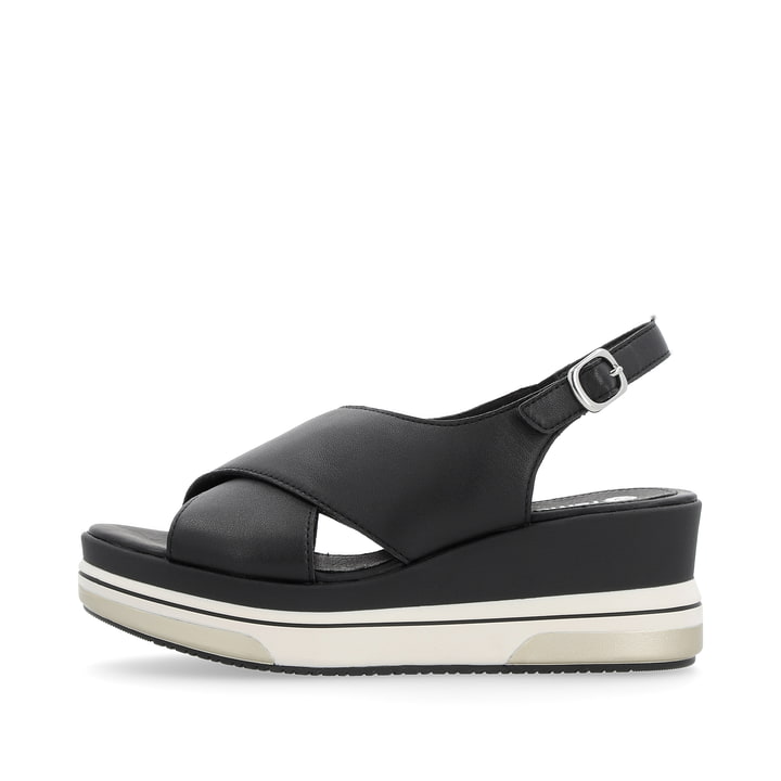 Nachtschwarze remonte Keilsandaletten D1P53-00 mit einem Klettverschluss. Schuh Außenseite.