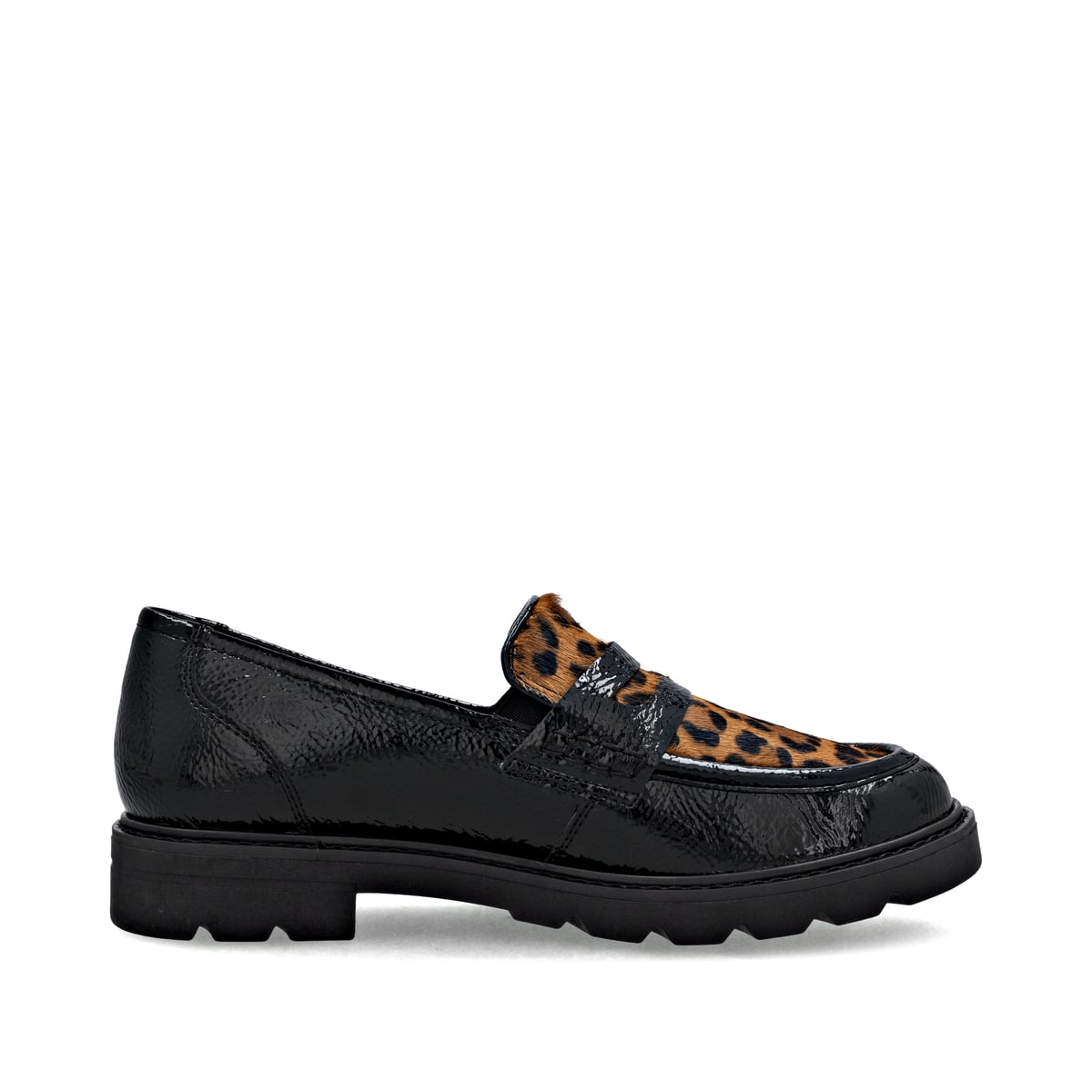Schwarzbraune remonte Damen Loafer D2Q02-03 mit Leo-Print sowie einem Gummizug. Schuh Innenseite.