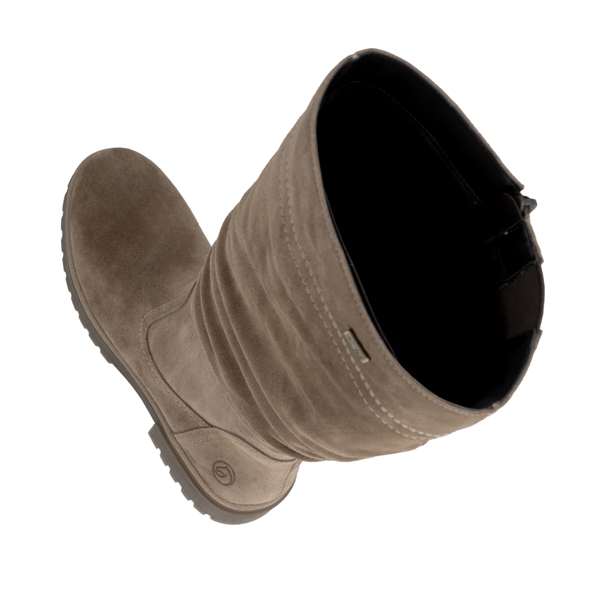 Braune remonte Hochschaftstiefel D3W71-25 mit wasserabweisender TEX-Membran. Schuh von oben, liegend.