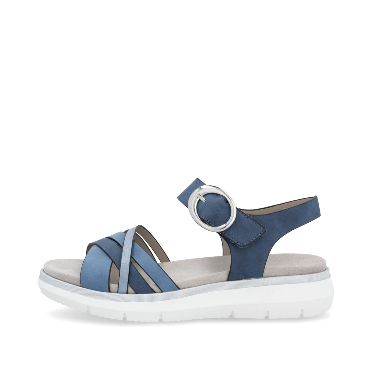 Blaue vegane remonte Riemchensandalen D2K55-14 mit einem Klettverschluss. Schuh Außenseite.