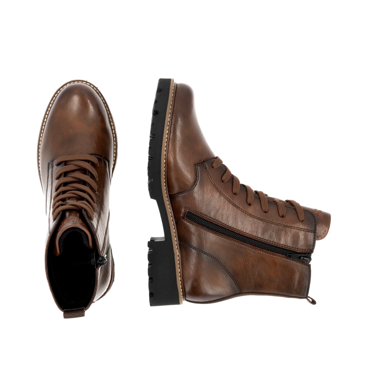 Braune remonte Damen Schnürstiefel D8661-24 mit einem Reißverschluss. Schuh von oben, liegend.