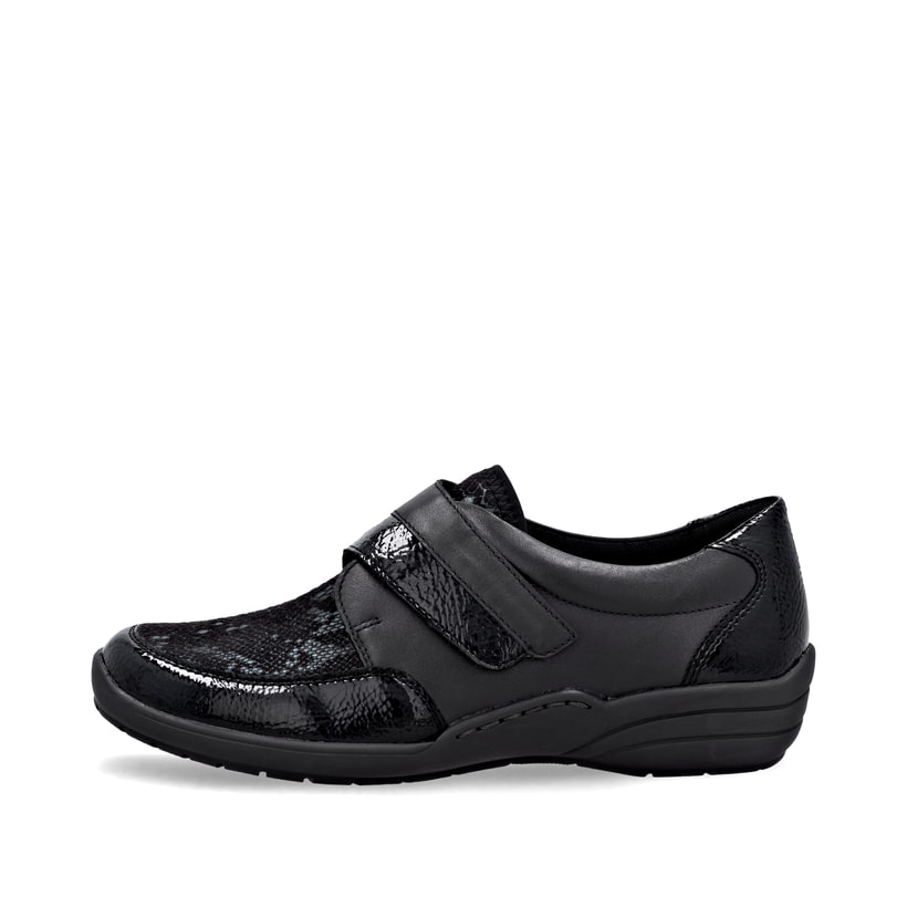 Mocassins remonte noirs pour femme R7600-00 avec fermeture velcro. Côté extérieur de la chaussure.