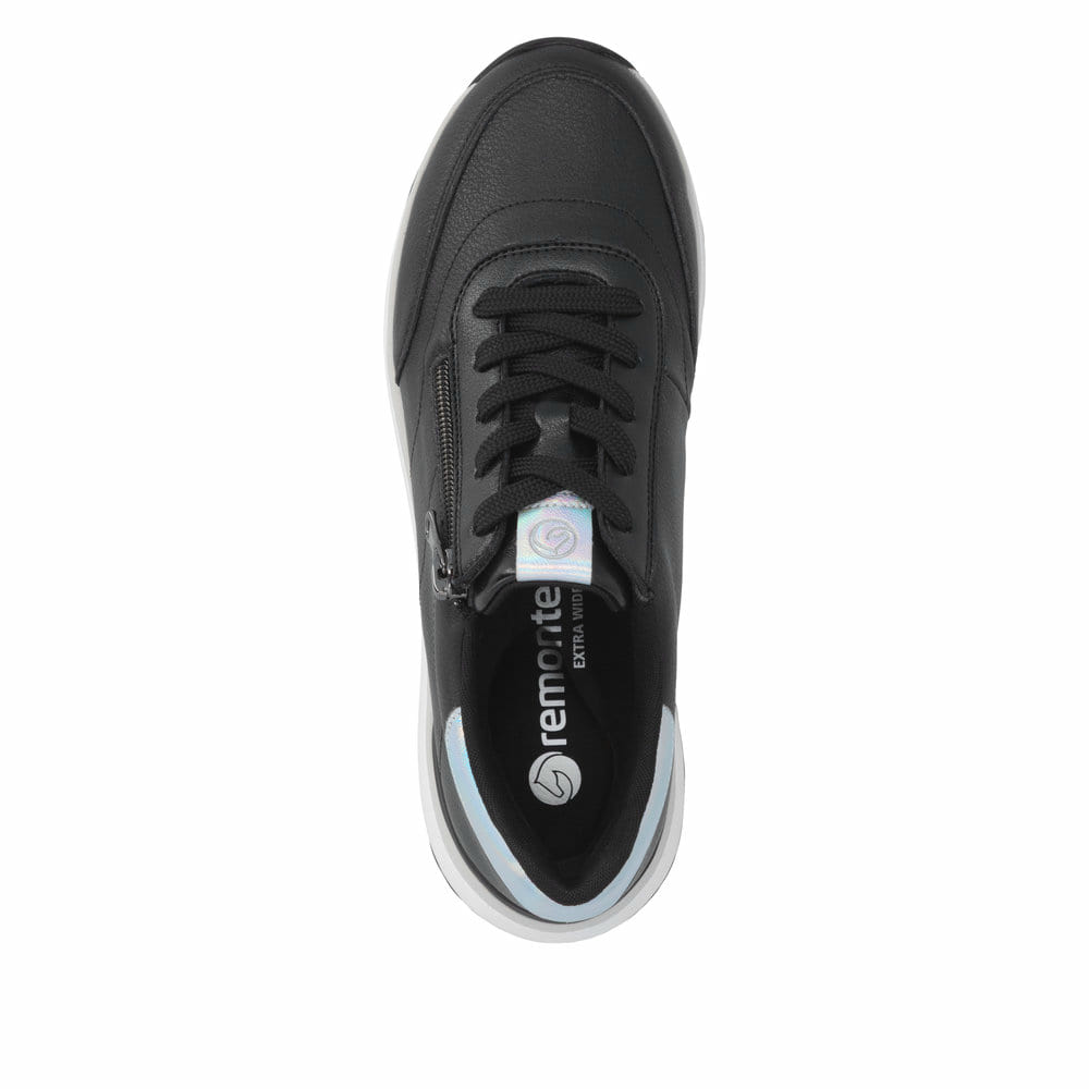 Schwarze remonte Damen Sneaker Low D3F00-03 mit einem Reißverschluss. Schuh von oben.
