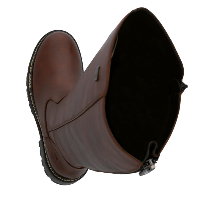 Braune remonte Hochschaftstiefel D0B72-22 mit wasserabweisender TEX-Membran. Schuh von oben, liegend.