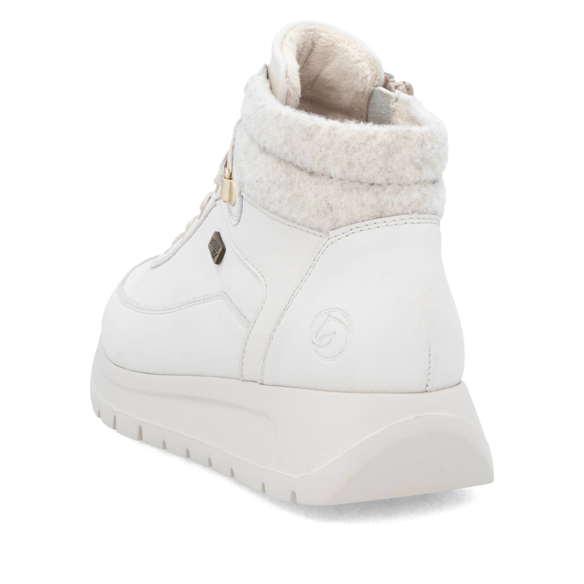 Weiße remonte Damen Kurzstiefel D2V71-80 mit wasserabweisender TEX-Membran. Schuh von hinten.