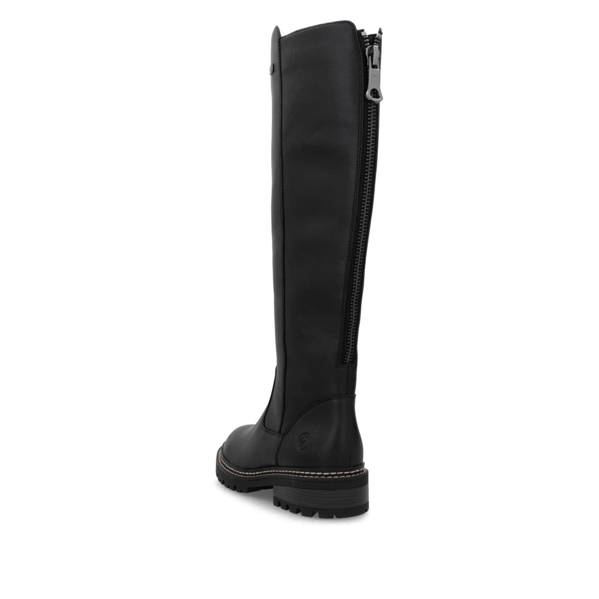 Schwarze remonte Hochschaftstiefel D0B72-01 mit wasserabweisender TEX-Membran. Schuh von hinten.