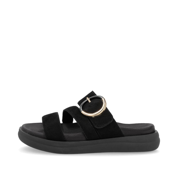 Schwarze remonte Damen Pantoletten D2N53-02 mit einem Klettverschluss. Schuh Außenseite.
