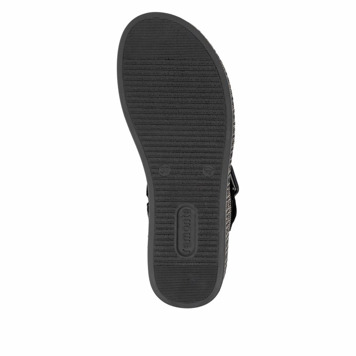 Schwarze remonte Keilsandaletten D1N54-01 mit einem Klettverschluss. Schuh Laufsohle.