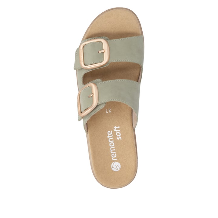 Mules remonte vertes pour femme D0Q66-52 avec boucle tendance. Chaussure vue de dessus.
