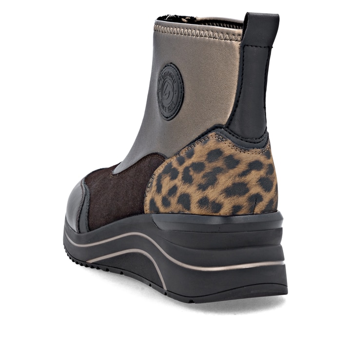 Vegane, dunkelbraun-bronzene remonte Damen Kurzstiefel D0T78-90. Schuh von hinten.