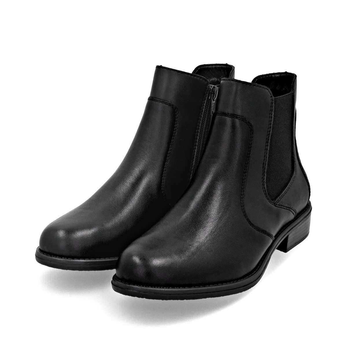 Schwarze remonte Chelsea Boots D0F70-00 mit einem Reißverschluss. Schuhpaar seitlich schräg.