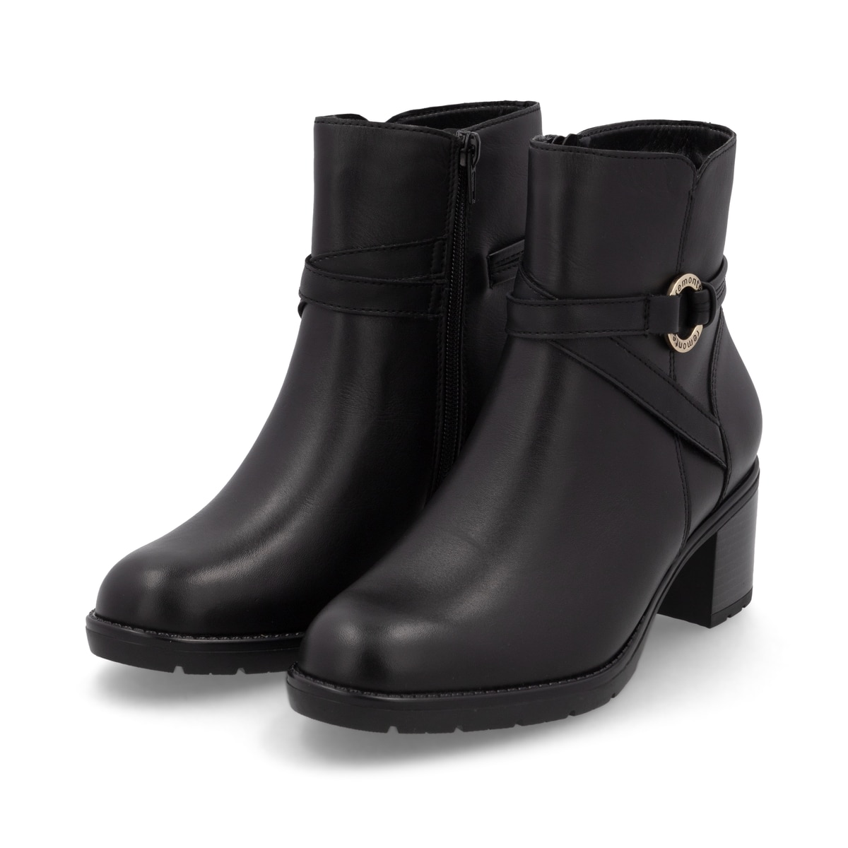 Schwarze remonte Damen Stiefeletten D2A73-00 mit einem Reißverschluss. Schuhpaar seitlich schräg.
