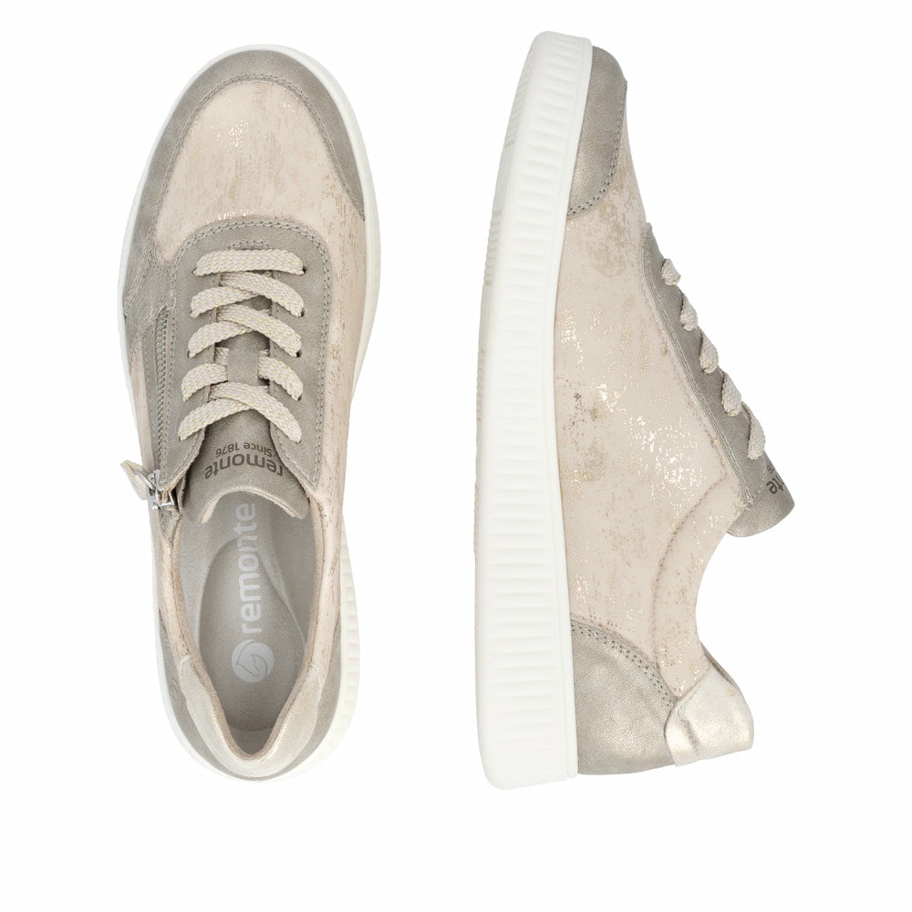 Goldene vegane remonte Damen Sneaker D2E05-60 mit einem Reißverschluss. Schuh von oben, liegend.