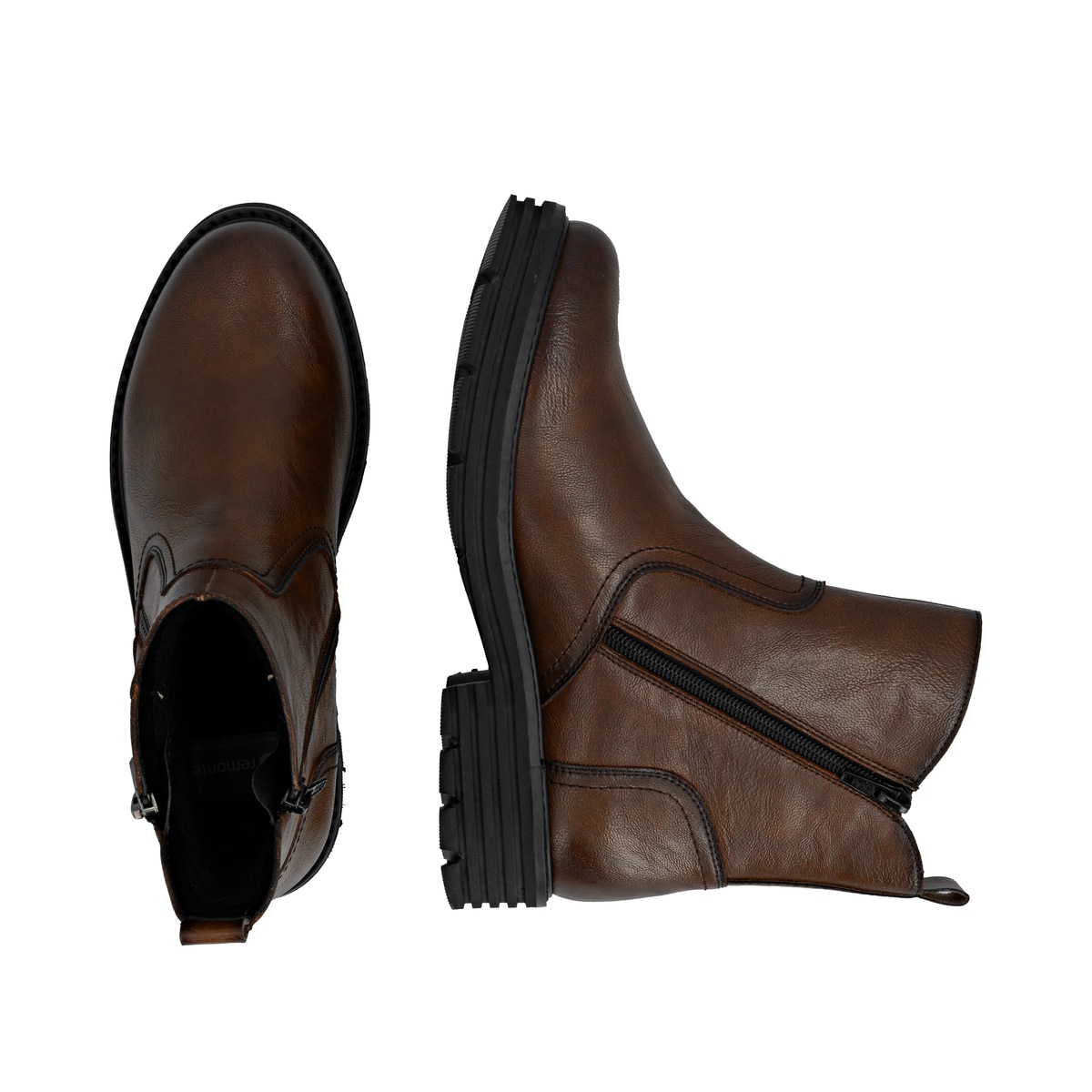 Dunkelbraune remonte Damen Stiefeletten D3A70-25 mit einem Reißverschluss. Schuh von oben, liegend.