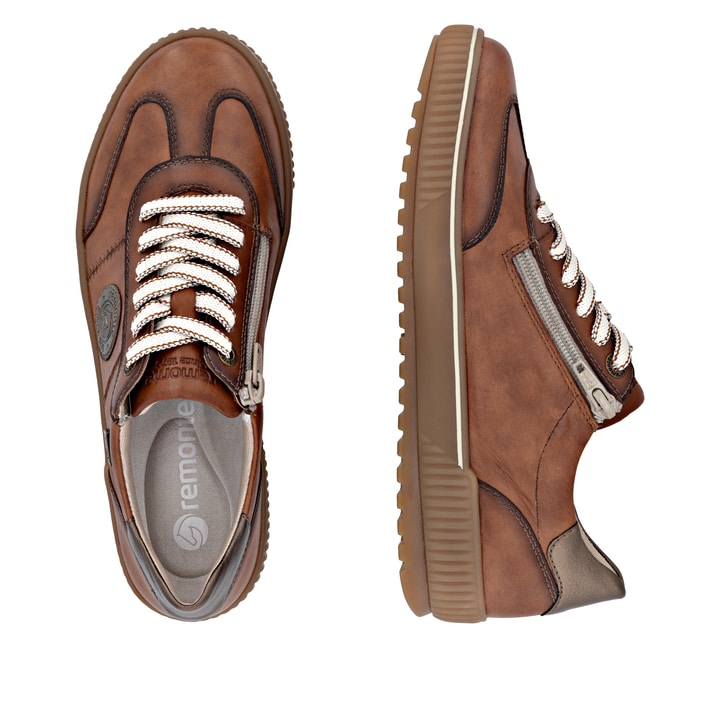 Braune remonte Damen Sneaker D0702-24 mit wasserabweisender remonteTEX-Membran. Schuh von oben, liegend.