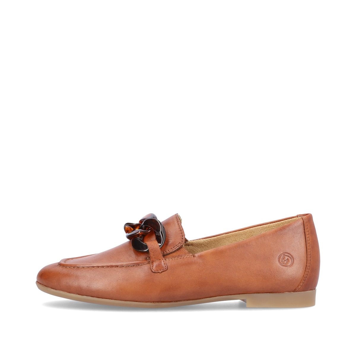 Braune remonte Damen Loafer D0K00-24 mit einem Gummizug. Schuh Außenseite.