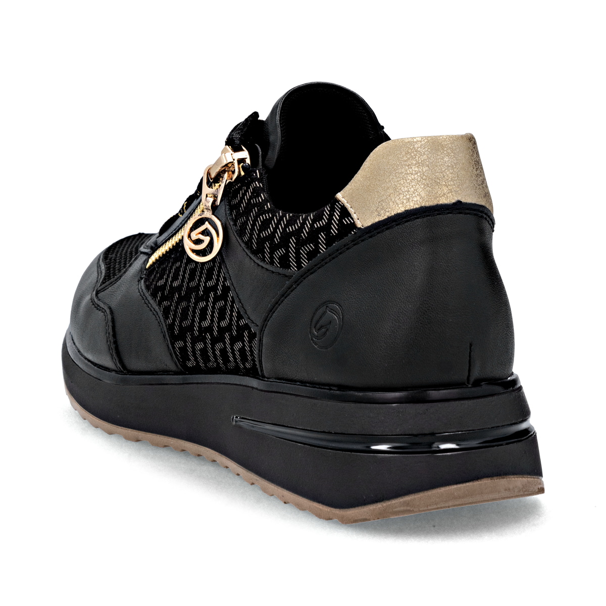 Schwarzgoldene remonte Damen Sneaker D1G08-05 mit einem Reißverschluss. Schuh von hinten.