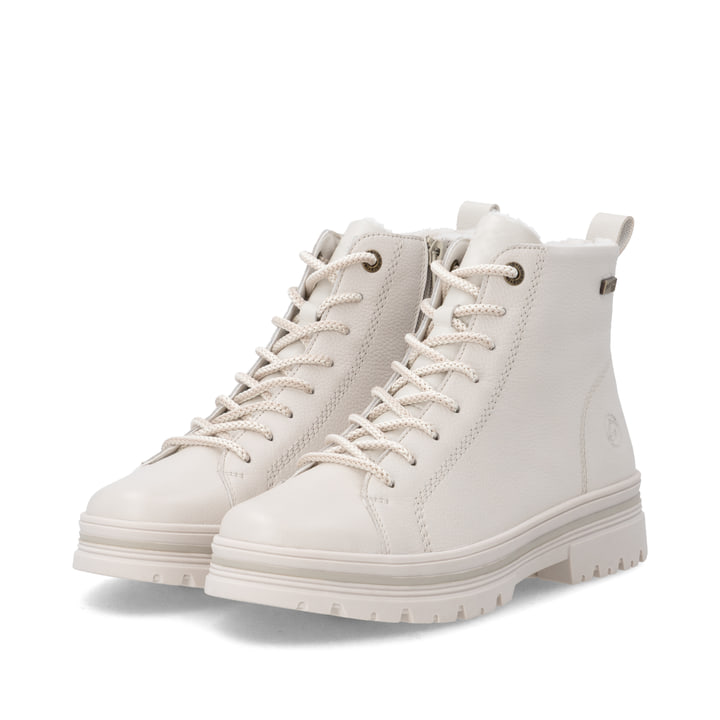 Weiße remonte Damen Schnürstiefel D2U75-80 mit wasserabweisender TEX-Membran. Schuhpaar seitlich schräg.