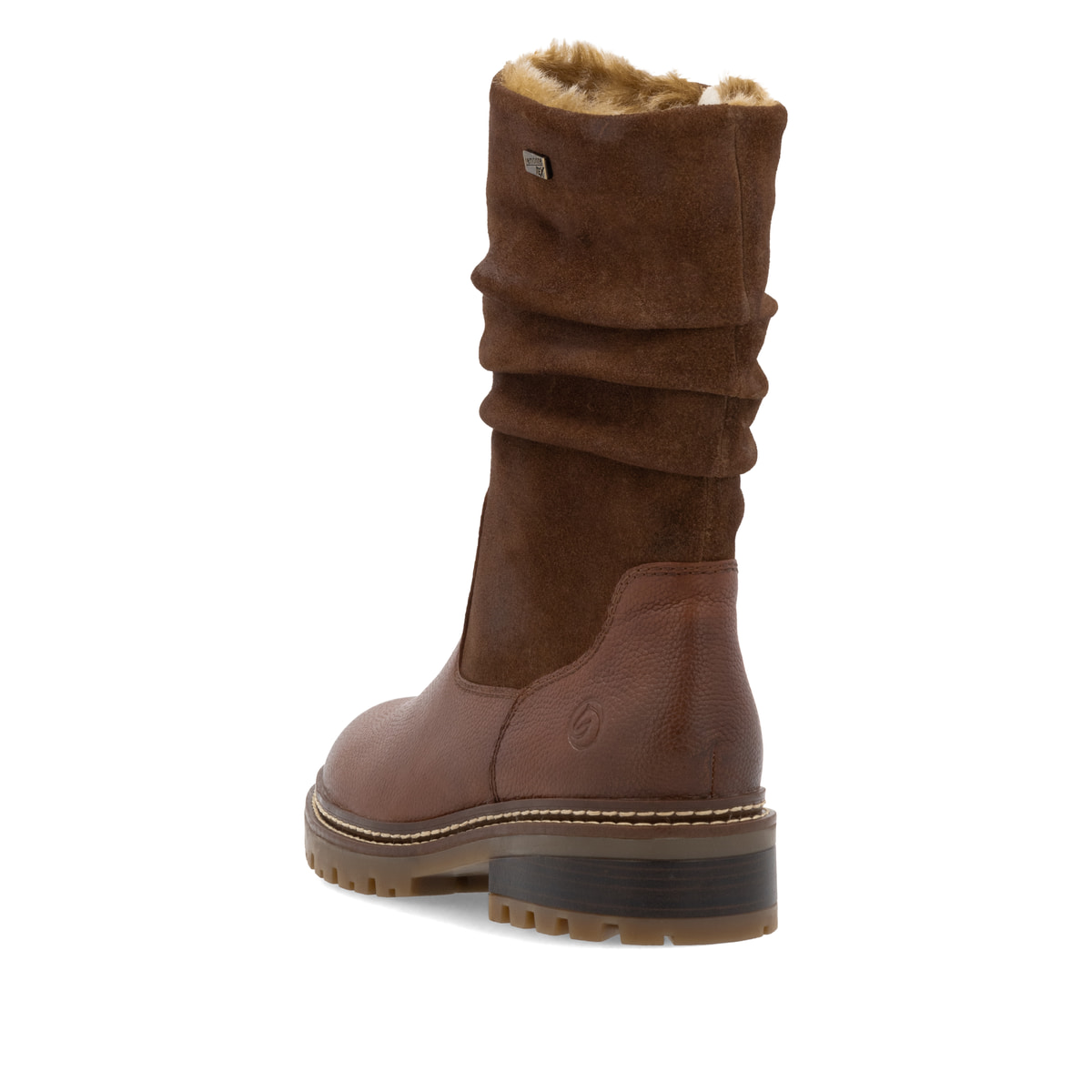 Braune remonte Hochschaftstiefel D0B80-24 mit wasserabweisender TEX-Membran. Schuh von hinten.