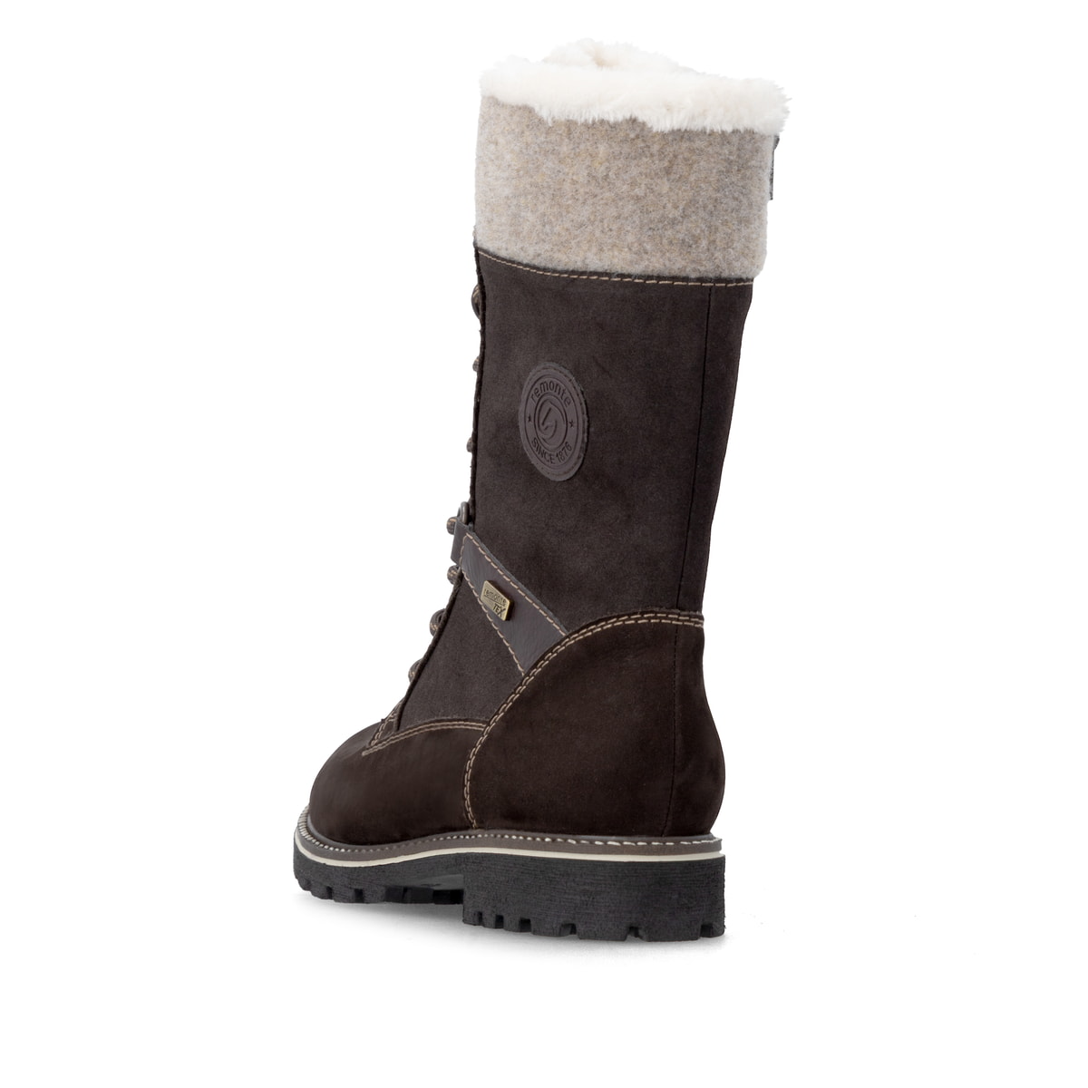 Dunkelbraune remonte Hochschaftstiefel D8474-25. Schuh von hinten.